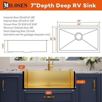 MILOSEN Gold RV Kitchen Sink, 25×15 inch 16 Gauge T304 Stainless Steel Undermount RV Sink with Basket Strainer, Gold Outdoor Camper Sinks, 7'' Depth Deep Single Bowl Laundry Basin