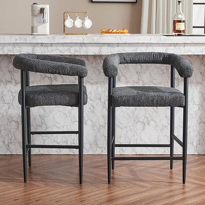 Modern Upholstered Bar Stools Set of 2, Boucle Fabric Counter Height Chairs with Metal e Armrests, Kitchen Island Bar Chairs for Home, Dining Room, Cafe,Dark Grey