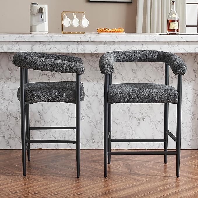 Modern Upholstered Bar Stools Set of 2, Boucle Fabric Counter Height Chairs with Metal e Armrests, Kitchen Island Bar Chairs for Home, Dining Room, Cafe,Dark Grey