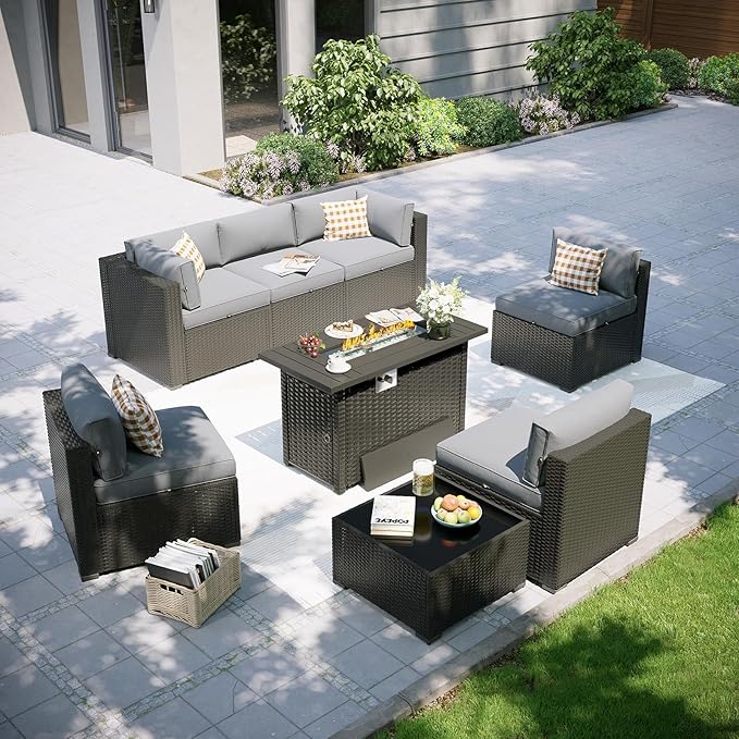 Aoxun Patio Furniture Set with Fire Pit Table, 8 Piece Outdoor Sectional Sofas, Wicker Rattan Outdoor Furniture with Thickened Cushion for Backyard, Garden Light Grey