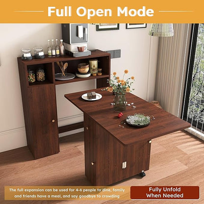 Multifunctional Folding Dining Table, Extendable Drop Leaf Table with Storage & Charging Station, Space Saving Collapsible Drop Leaf Extension Desk, Extendable Dining Table (37.4" Brown)