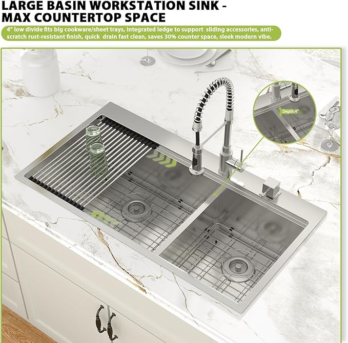 39-inch Drop In Kitchen Sink - Double Bowl 60/40 Multifunctional Workstation Large Kitchen Sink, 304 Stainless Steel 16 Gauge Above Counter Sinks for Kitchen with Mixing Bowl, 39''x22''x10''
