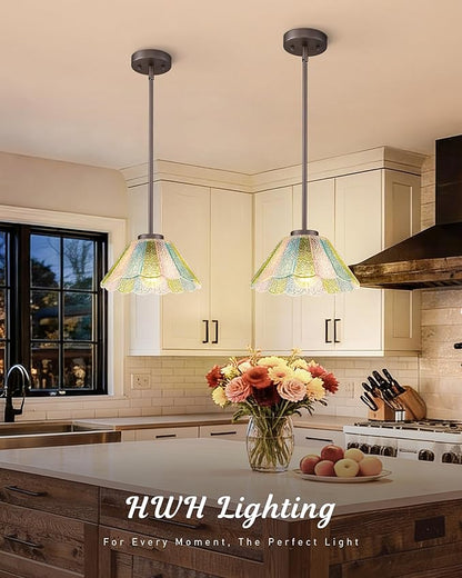 Modern Hanging Light Fixture, HWH Pendant Lights Kitchen Island, 10.4 Inch Farmhouse Pendant Light with Colored Floral Glass, Oil-Rubbed Bronze Finish, 5HJX110MIL ORB-C