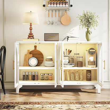 Foreate Arched Sideboard Buffet Cabinet with Storage & LED Light, 53.2" Large Buffet Cabinet with 4 Glass Door & Adjustable Shelf, Modern Farmhouse Sideboard Credenzas Metal Kitchen Buffet, White