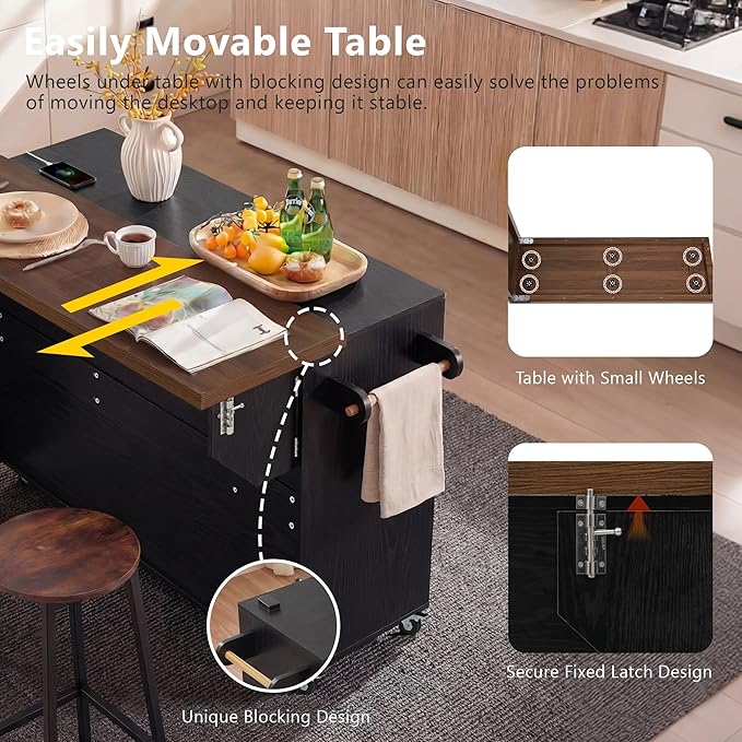 Kitchen Island with Extendable Dining Table Rolling Cart with Trash Storage Cabinet and 3-Tier Pull-Out Spice Rack for Dining Room Practical(Black)