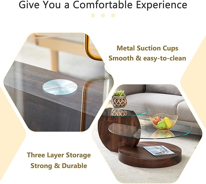 Glass Coffee Table, Modern Round Glass Coffee Table with Wooden Base, 3 Tier Round Coffee Table, Clear Cocktail Table with Storage for Living Room, Office, Balcony (42″ Walnut)