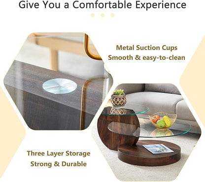 Glass Coffee Table, Modern Round Glass Coffee Table with Wooden Base, 3 Tier Round Coffee Table, Clear Cocktail Table with Storage for Living Room, Office, Balcony (42″ Walnut)