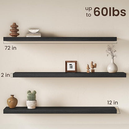Fun Memories 72 Inch Floating Shelves, 12 Inch Deep Wall Shelf for Fireplace Mantel, Deep Storage Shelves for Home & Office, Long Floating Shelf with Invisible Bracket, Black, Set of 2