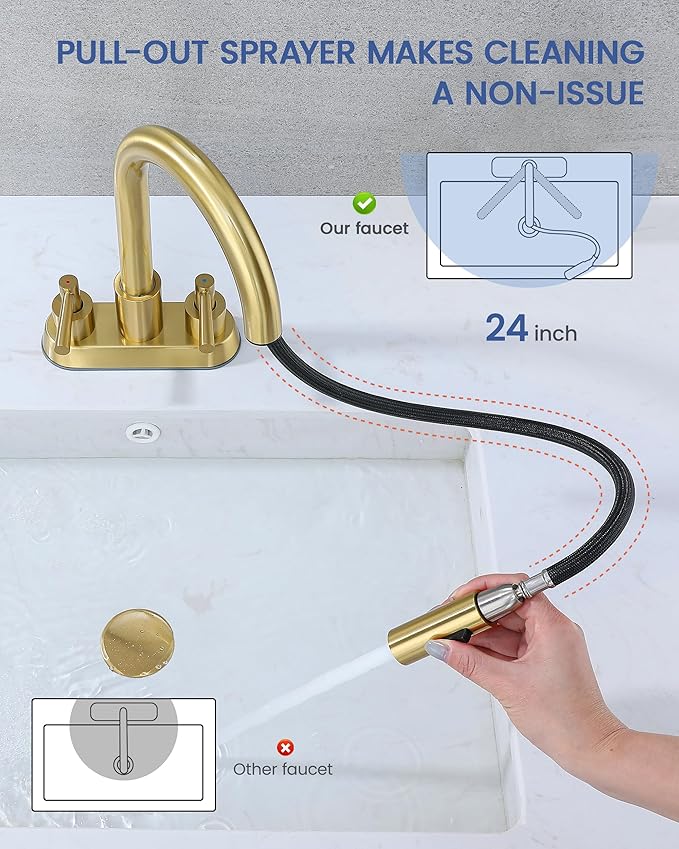 Bathroom Faucet with Pull Out Sprayer, Brushed Gold Bathroom Faucet 3 Holes, 2 Handle Bathroom Sink Faucet with 360 Degree Swivel Spout, Pop Up Drain Assembly Included