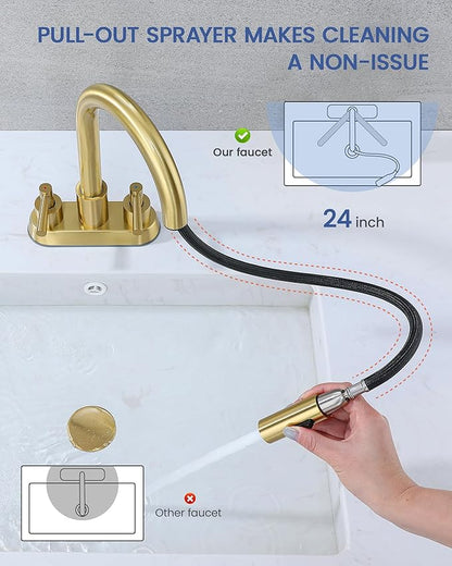 Bathroom Faucet with Pull Out Sprayer, Brushed Gold Bathroom Faucet 3 Holes, 2 Handle Bathroom Sink Faucet with 360 Degree Swivel Spout, Pop Up Drain Assembly Included