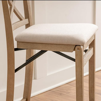 Linon Triena X Back Neutral Greywash Wooden Fully Assembled Folding 24 Inch Seat Height Counter Stool with Beige Upholstered Seat