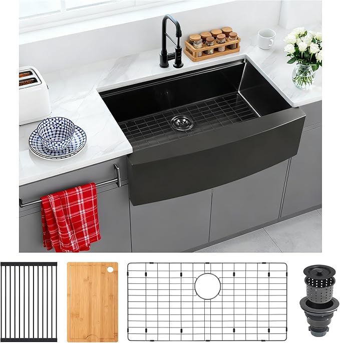 Kitsitchen 33 Inch Black Farm Sink, 16 Gauge T-304S Stainless Steel Single Bowl Farmhouse Kitchen Sinks, 33" x 20" x 10" Large and Deep Apron Front Workstation Sink with Accessories
