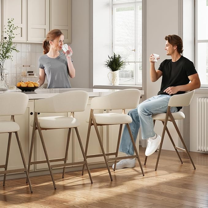 COLAMY Bar Stools Set of 2, Counter Height Bar Stools with Backs and Arms, Modern Upholstered Island Stools with Metal Legs for Kitchen Island, Counter, Dining Room, Beige