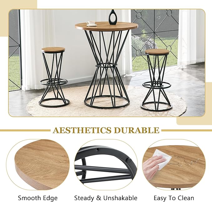 Industrial 3-Piece Bar Counter Set – 31.5" Round MDF Table & 2 Rust-Resistant Metal Bar Stools with Foot Pedals | Perfect for Small Apartments, Kitchen Islands, Home Bars (Black,Wood)