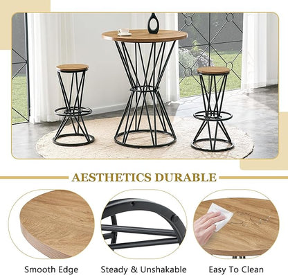 Industrial 3-Piece Bar Counter Set – 31.5" Round MDF Table & 2 Rust-Resistant Metal Bar Stools with Foot Pedals | Perfect for Small Apartments, Kitchen Islands, Home Bars (Black,Wood)