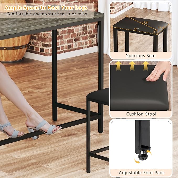 HUAHUU L Shaped Bar Table with 2 Stools, 63‘’ Bar Height Table with Power Outlets, Convertible Corner Counter Height Bar Table, Rectangular High Top Table for Small Spaces, Breakfast Nook, Grey Oak
