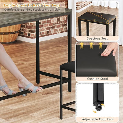 HUAHUU L Shaped Bar Table with 2 Stools, 63‘’ Bar Height Table with Power Outlets, Convertible Corner Counter Height Bar Table, Rectangular High Top Table for Small Spaces, Breakfast Nook, Grey Oak