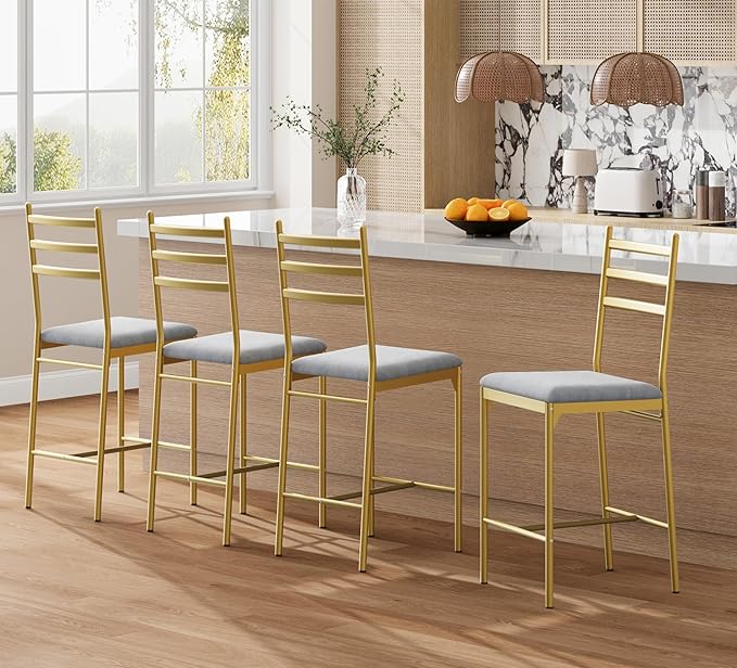 Garvee Bar Stools Set of 4, Counter Height Bar Chairs with Back and Thick Cushion, Upholstered Dining Chairs with Padded Seat, Barstools for Kitchen Island, Bar, Dining Room, Retro Gold