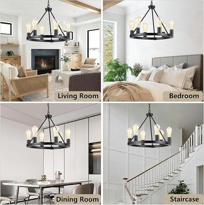 9MMML Black Wagon Wheel Chandelier, 6-Light Industrial Pendant Light, 20'' Farmhouse Ceiling Hanging Chandelier Light Fixture for Living Room, Bedroom, Entryway, Foyer