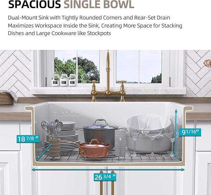 TUKTUK White Undermount Kitchen Sink 27 Inch Fireclay Drop-in Deep & Modern Farm Sink Large Single Bowl Topmount Accessory Kit Included