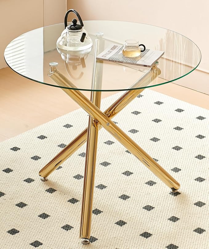 35.43'' Round Glass Dining Table,Modern Kitchen Table for 2-4 People,Dining Room Table with Tempered Glass Top and Metal Legs for Kitchen Apartment