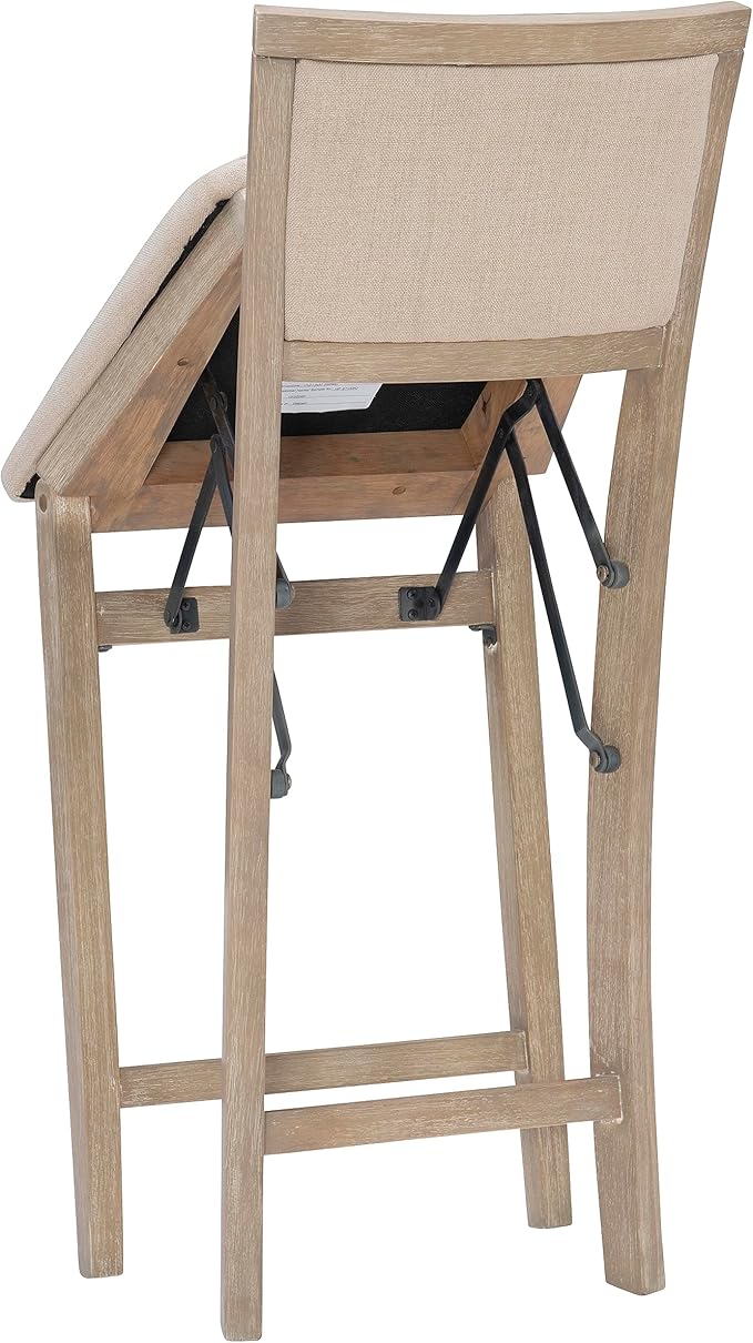 Linon Keira Natural Rustic Wooden Folding 25 Inch Seat Height Counter Stool with Beige Upholstered Seat and Back