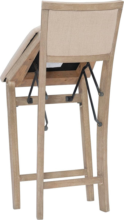 Linon Keira Natural Rustic Wooden Folding 25 Inch Seat Height Counter Stool with Beige Upholstered Seat and Back