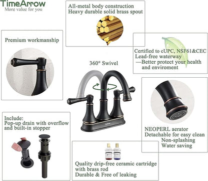 TimeArrow Oil Rubbed Bronze 2 Handle Centerset Bathroom Sink Faucet with Pop up Drain, High Arc Modern 4 Inch Bathroom Vanity Lavatory Faucet for 3 Holes with Brass 360° Swivel Spout, TAF067Y-ORB