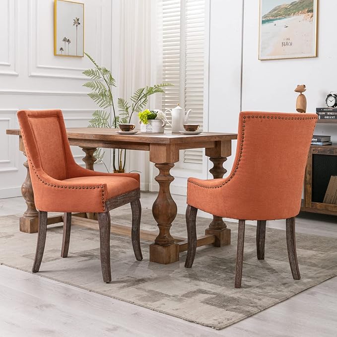 Set of 2 Side Dining Chair, Thickened Fabric Chairs with Neutral Toned Solid Wood Legs, Bronze Nail Head Accent, Sturdy and Durable, for Living Room Dining Room, Elegant and Stylish Furniture, Orange