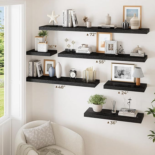 RICHFOCUS Deep Floating Shelves for Wall 2 Pack 12" D 24 Inch Wall Shelves for Room Wall|Wood Hanging Shelf with Invisible Brackets for Bathroom Bedroom Kitchen Laundry Room, Black