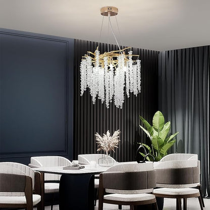 Tree Branches Chandeliers Luxury Round Raindrop Crystal Pendant Light Fixture 8 Light Tassel Ceiling Hanging Light for Dining Room Bedroom Living Room Entryway 15.8" Gold