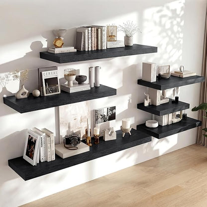 Heimlove 12 Inch Deep Floating Shelves, 55 x 12 inches Long Wall Shelf, Large Extra Display Shelf & Storage Shelf, Rustic Wood Wall Shelves for Fireplace Mantel, Set of 1(Black)