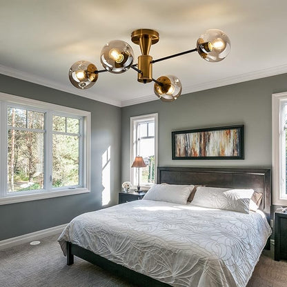 hesoge Modern Semi Flush Mount Ceiling Light Fixture, 4-Light Gold Mid Century Chandelier with Glass Globe,Ceiling Lighting for Dinning Room Farmhouse Kitchen Bedroom Living Room.