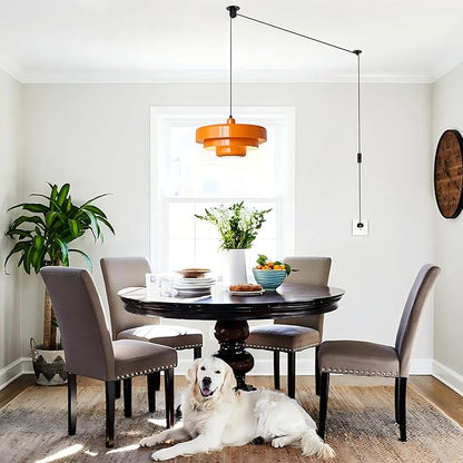 FCTWAKS Plug in Pendant Light, Mid Century Orange Hanging Lights with Plug in Cord, 3-Layer Metal Shade, Adjustable Pulley, Dimmable, Vintage Hanging Lamp for Bedroom, Kitchen Island, Dining Room