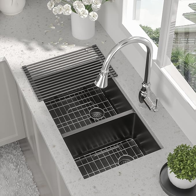 33 Inch Black Undermount Kitchen Sink - 33”x19”x10” Stainless Steel Gunmetal Black 16 Gauge 10 Inch Deep 60/40 Double Bowl Kitchen Sink Basin