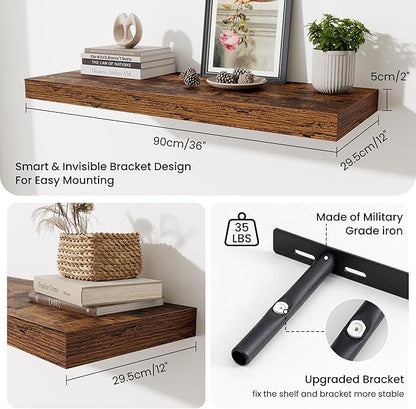 Fun Memories 12" Deep Floating Shelves for Wall, 36" W x 12" D Floating Shelves, Long Wood Floating Wall Shelf for Living Room Bathroom Bedroom Kitchen, Rustic Brown, Set of 2