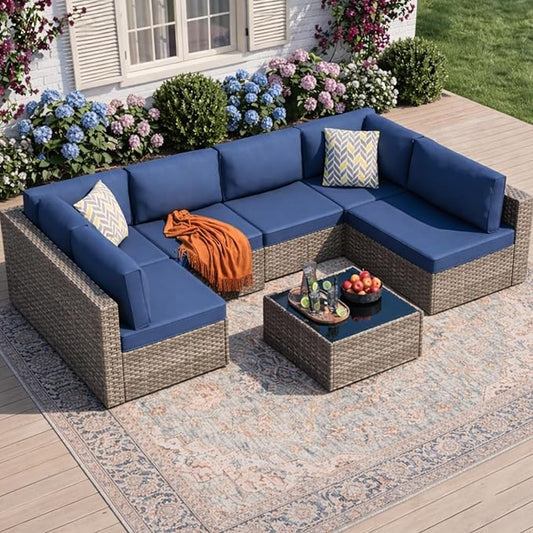 JAMFLY 7-Piece Outdoor Patio Furniture Set, Modular PE Rattan Sectional Sofa with Thick Cushions & Glass Coffee Table for Poolside, Balcony, Garden(Blue Cushion)