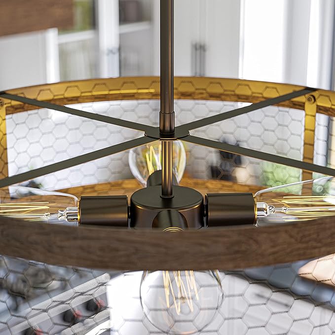 Kenroy Home 94046ORB Cozy 4 Light Pendant with Wood and Oil Rubbed Bronze Finish, Rustic Style, 7" Height, 20.375" Width, 20.375" Depth