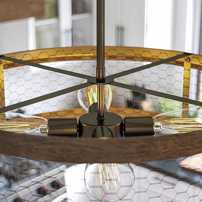 Kenroy Home 94046ORB Cozy 4 Light Pendant with Wood and Oil Rubbed Bronze Finish, Rustic Style, 7" Height, 20.375" Width, 20.375" Depth