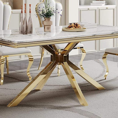 White Dining Room Table for 4 6, 68" Faux Marble Dining Table with X-Shape Stainless Steel Legs, Modern Gold Kitchen & Dining Room Tables Rectangle Dinning Dinner Table for 4 6
