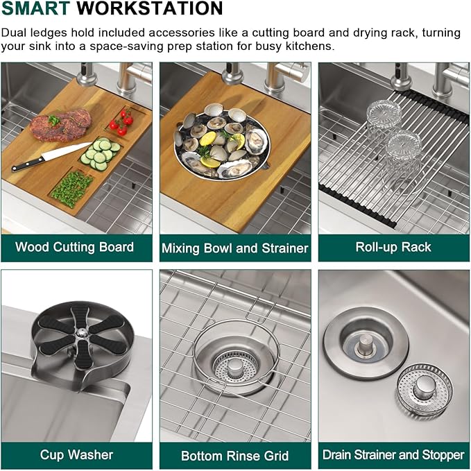 36x22 Inch Drop In Kitchen Sink - Workstation 16 Gauge 304 Stainless Steel Single Bowl Large Three-Holes Sink with Cup Washer, Mixing Bowl, Cutting Board, and Pasta Strainer #TLT-0045