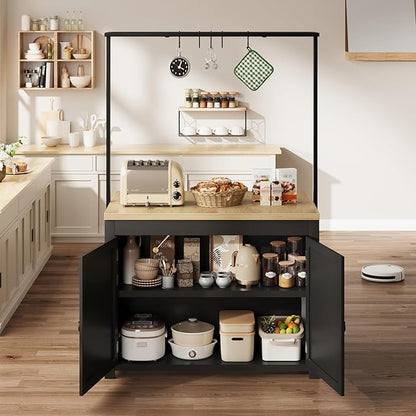 GarveeHome Kitchen Island with Storage 42 in - Heavy Duty Kitchen Cart, Mobile Kitchen Island with 2-Tier Shelves & 5 Hooks, Solid Wood Countertop for Small Spaces (Black & Natural)