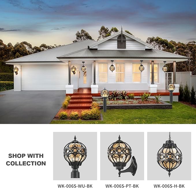 Globe Outdoor Pendant Lights for Porch Patio Garage, Matte Black Aluminum Anti-Rust Hanging Light Fixture, Industrial Round Amber Glass Exterior Chandelier, Outside Pendant Lamp, 2 Pack