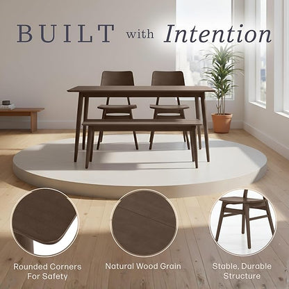 Alaterre Furniture Calais Dining – 4 Piece Dining Table Set for 4 with Chairs and Bench – Mid Century Modern 59-Inch Solid Wood Kitchen & Dining Room Table with Bench, and 2 Chairs (Walnut Finish)