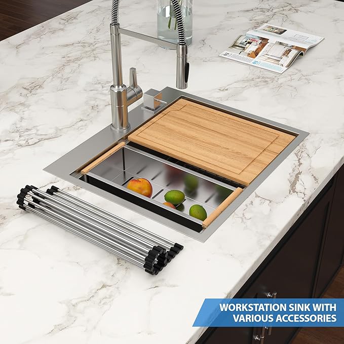 25x22 Drop In Kitchen Sink Workstation - Couoko 25 Inch 16 Gauge T304 Stainless Steel Drop In RV Bar Sink Large Deep Handmade Single Bowl Laundry Utility Sinks with Accessories, 25"x22"x9"