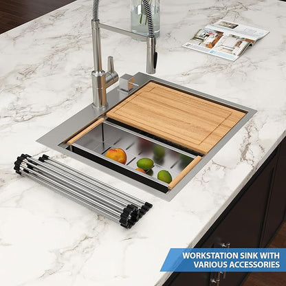 25x22 Drop In Kitchen Sink Workstation - Couoko 25 Inch 16 Gauge T304 Stainless Steel Drop In RV Bar Sink Large Deep Handmade Single Bowl Laundry Utility Sinks with Accessories, 25"x22"x9"