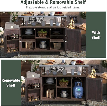 50.25" Kitchen Island Rolling Bar Cart & Storage Cabinet, Farmhouse Solid Wood Outdoor Grill Table with Stainless Steel Top and Spice, Towel Rack for BBQ,Dark Brown