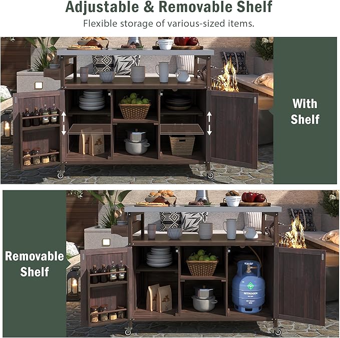 Modern Dining Table Outdoor Kitchen Island with Cabinet, Rolling Bar Cart, Farmhouse Solid Wood Grill Table with Stainless Steel Top, Spice Rack, Towel Rack for Kitchen Dining Room Tables,Brow