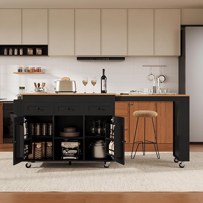 Polibi 85.5" Rolling Kitchen Island with Extendable Dining Table, 3 Drawers, 2 Doors, 3-Tier Open Shelves, Power Outlet, Mobile Cart with Wheels for Kitchen Storage, Black