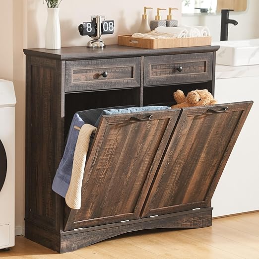 Double Tilt Out Trash Cabinet Freestanding Wooden Garbage Can Cabinet with Hideaway Drawers, 2x13 Gallons Pet Proof Garbage Can Holder for Kitchen Living Room, Rustic Brown